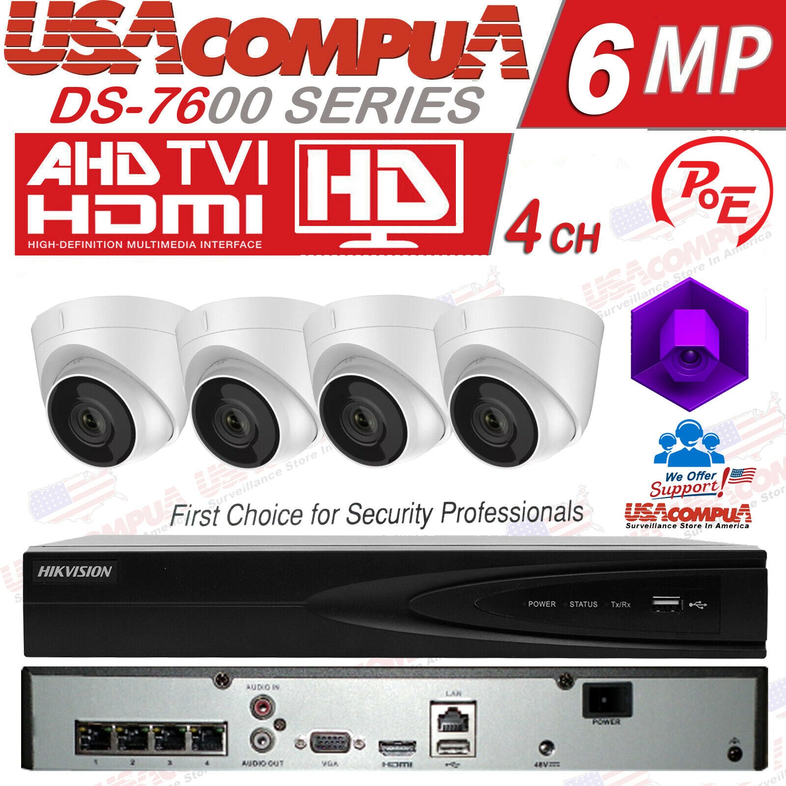 Hikvision Security System 4CH 4 Cameras 2MP TURRET 2.8MM PoE HDD WD PURPLE
