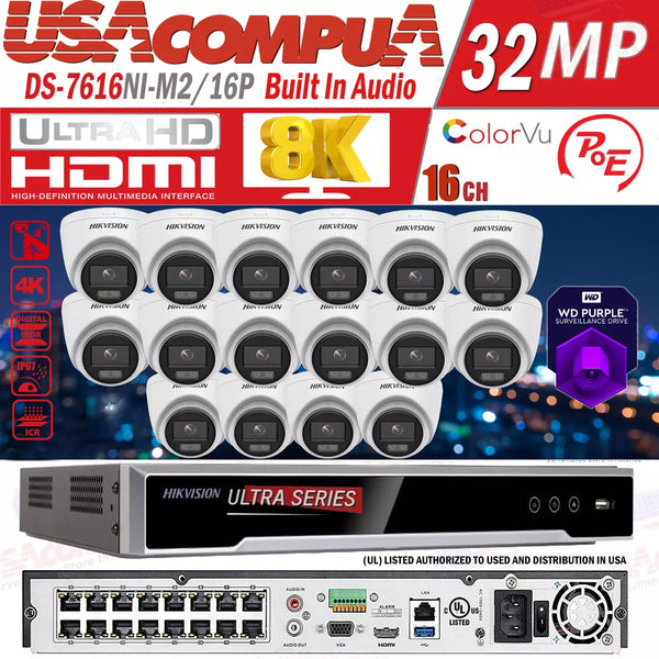 Hikvision 8K 32MP NVR 16CH CCTV Camera System DS-2CD1347G2-LUF 4MP Lot