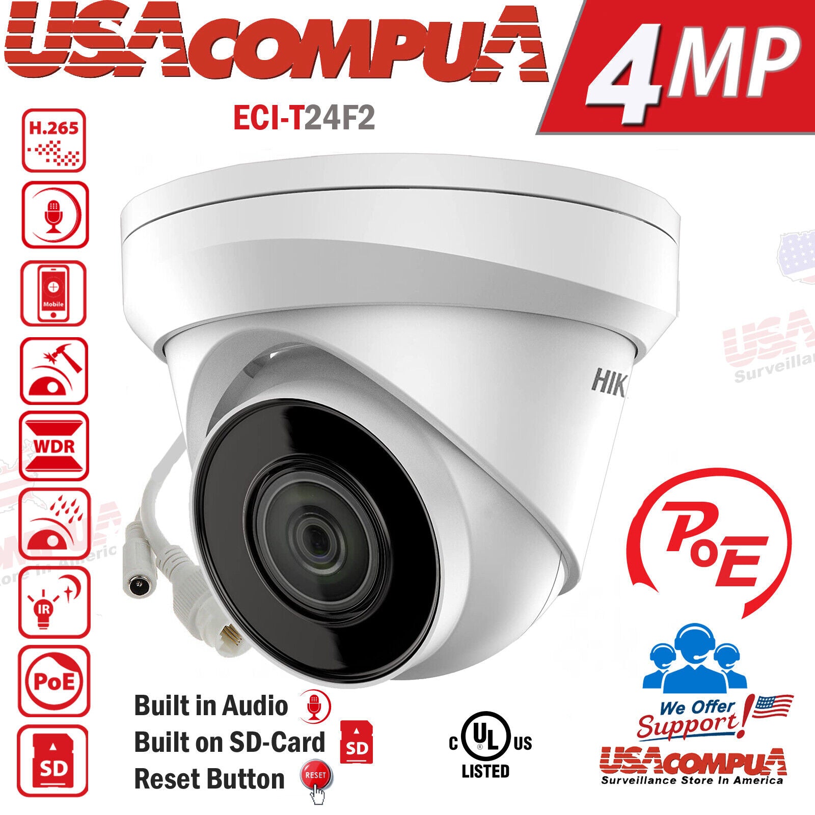 ECI-T24F2 Hikvision 4MP POE IP Network Camera 2.8MM Dome H265+ W/Audio /