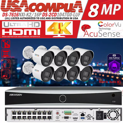 Hikvision 8MP 16CH NVR ColorVu IP Camera system DS-2CD1047G0-LUF W/Audio Lot