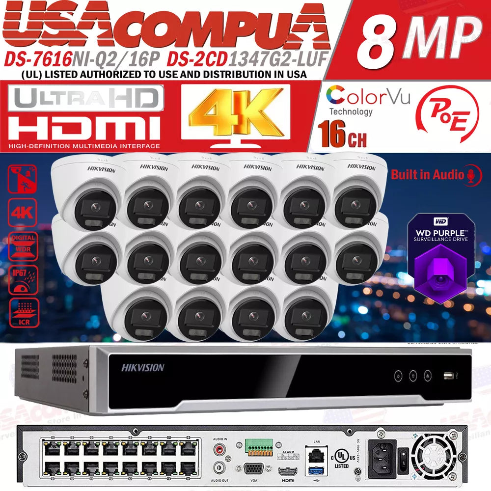 HIKVISION 16CH NVR DS-7616NI-Q2/16P+DS-2CD1347G2-LUF 4MP ColorVu Mic Camera Lot