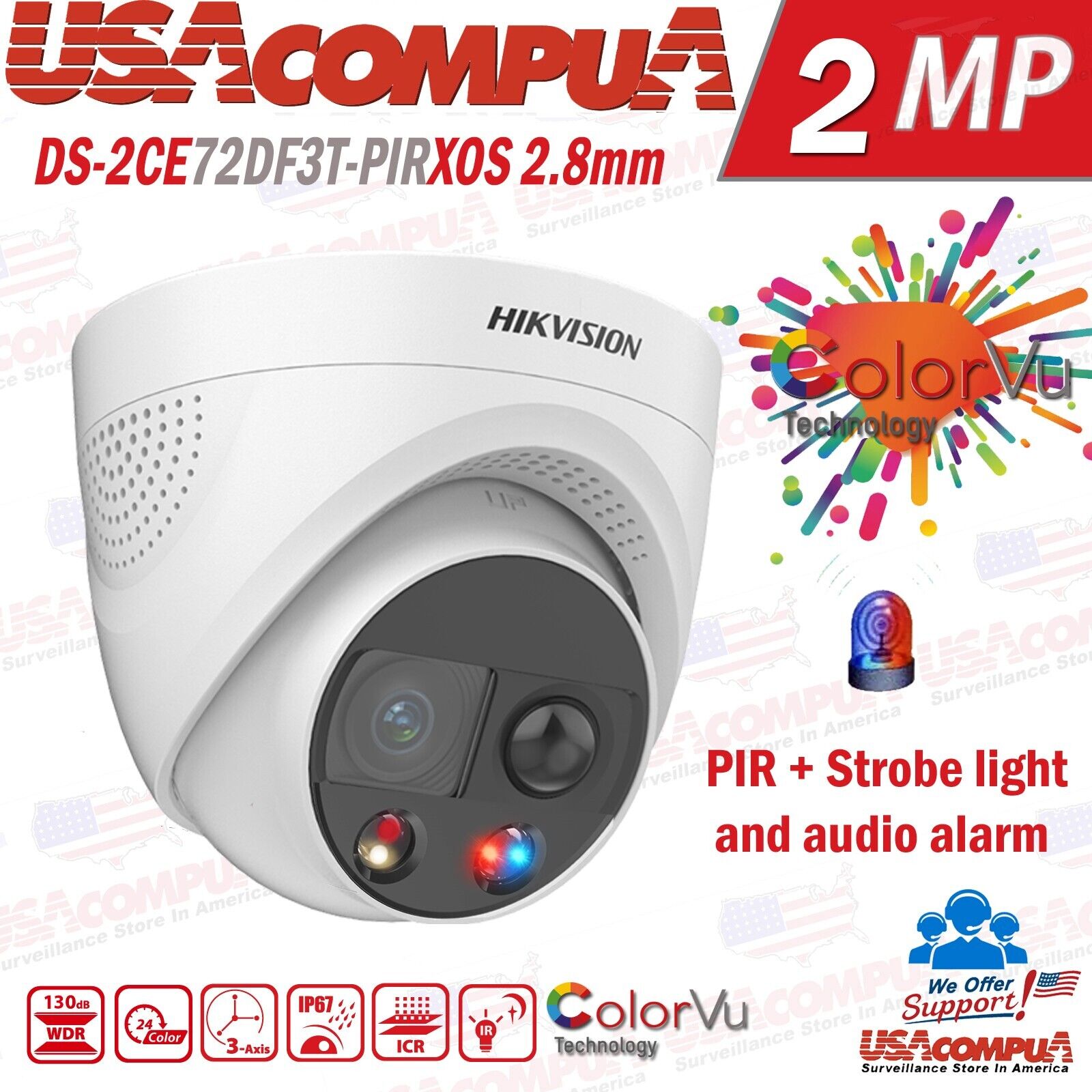 Hikvision ColorVu Turret 2 MP Camera DS-2CE72DF3T-PIRXOS 2.8mm , IR 20m