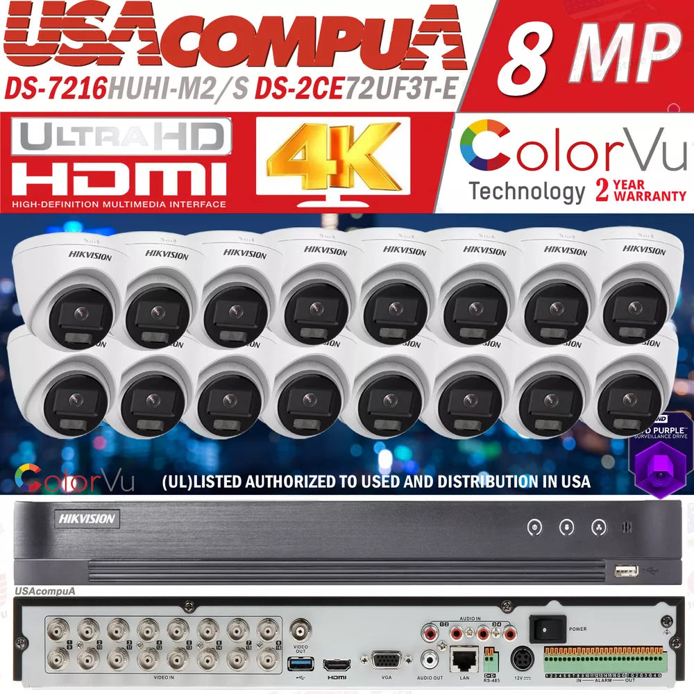 Hikvision 8MP 16CH CCTV Camera system DS-7216HUHI-M2/S ColorVu Lot