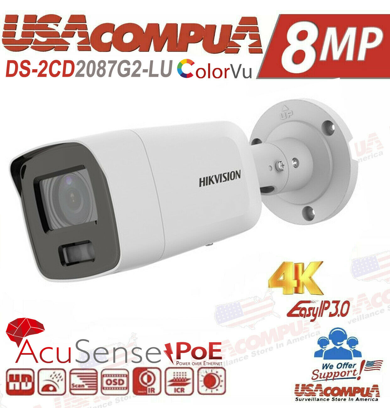 DS-2CD2087G2-LU Hikvision 8MP 4K Camera ColorVU 24/7 Color Acusense PoE Audio
