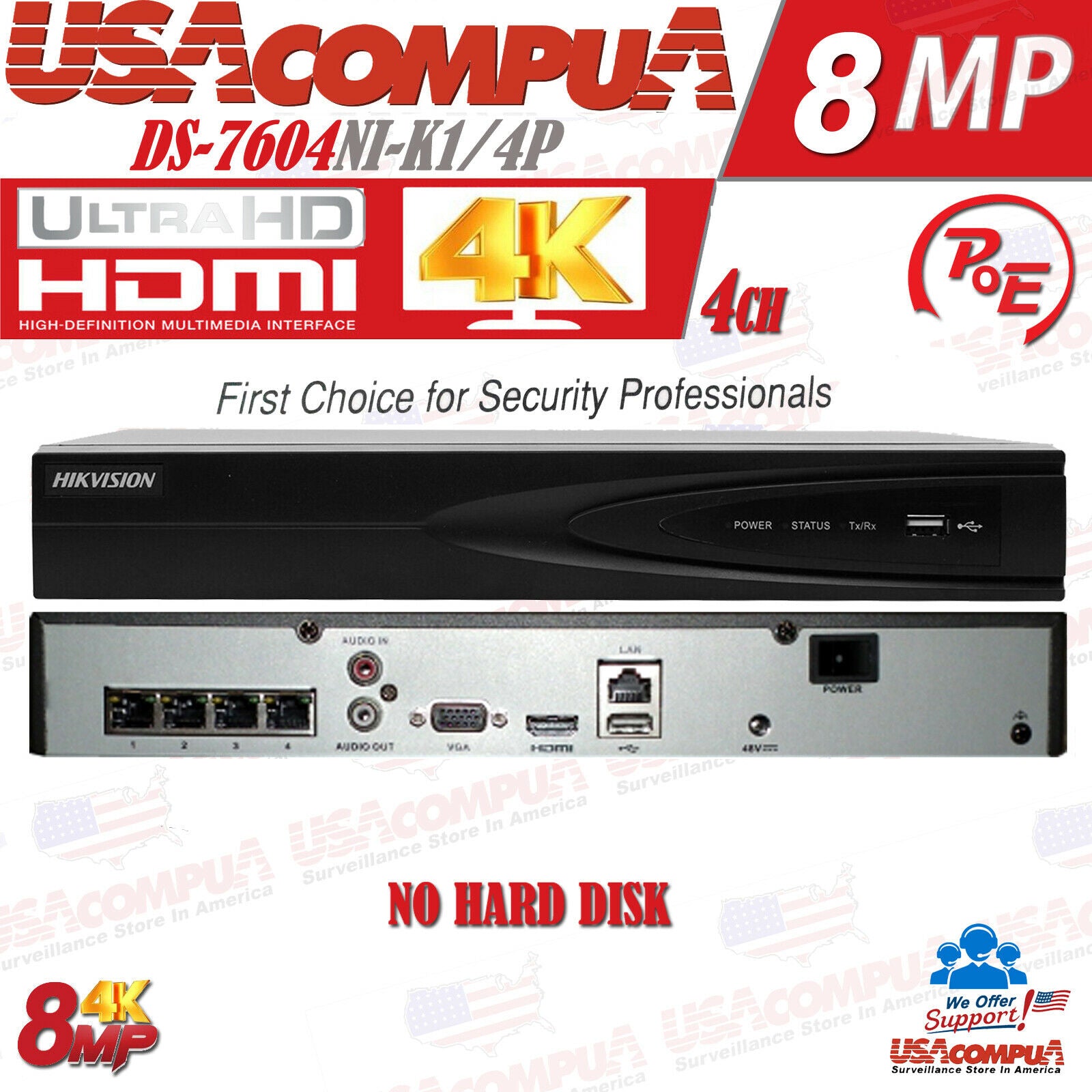 DS-7604NI-K1/4P H.265+ NETWORK VIDEO RECORDER HIKVISION 4CH 4K NVR OPTIONAL HDD