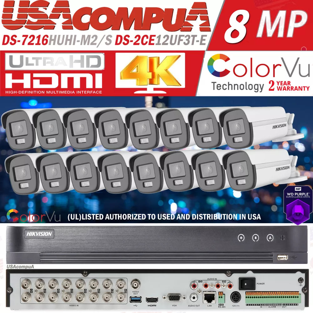 Hikvision 8MP 16CH CCTV Camera system DS-7216HUHI-M2/S ColorVu Lot D1