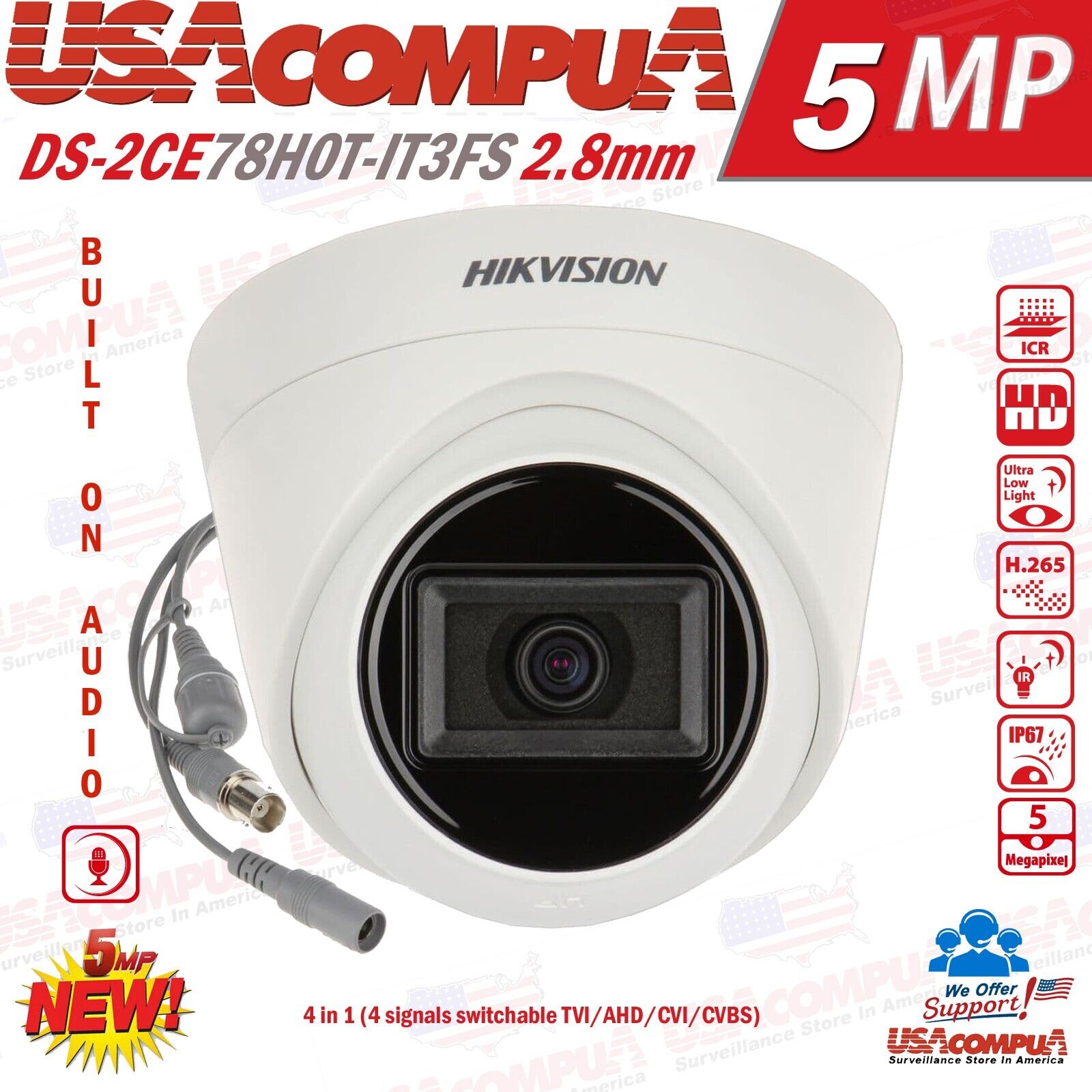 DS-2CE78H0T-IT3FS Hikvision 5MP TurboHD Analog W/Audio IR Dome Camera 2.8mm