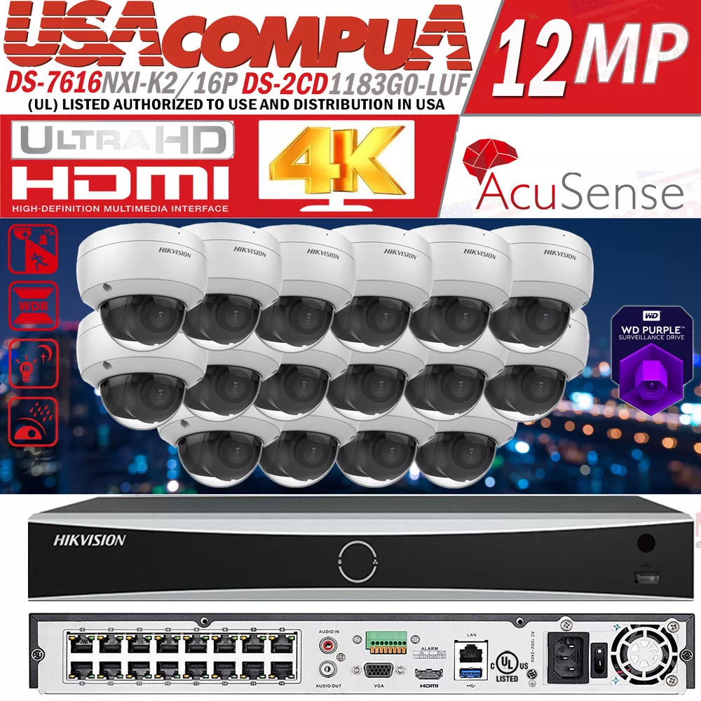 Hikvision 12MP NVR 16CH IP Camera system DS-2CD1183G0-IUF 2 AXIS 8MP W/Audio Lo