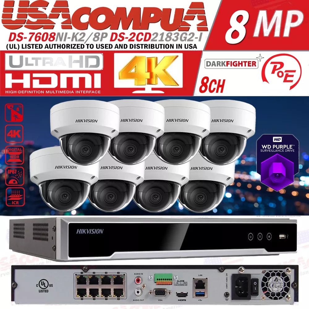 Hikvision 4K IP Camera System NVR DS-7608NI-K2/8P 8MP Kits DS-2CD2183G2-I Lot D1