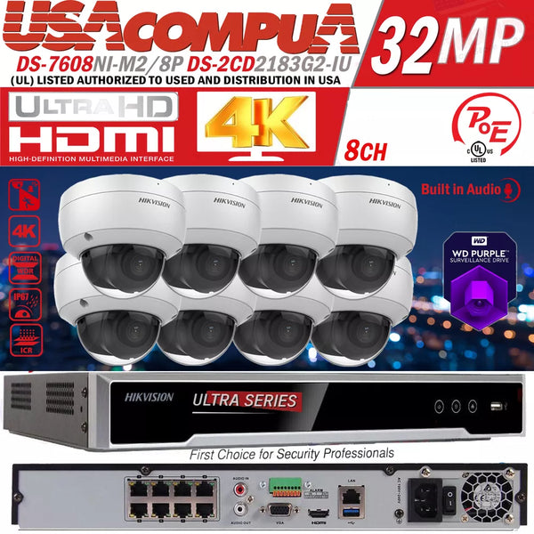 Hikvision 8CH 32MP Security ip Camera System W/ 8MP Dome DS-2CD2183G2-IU
