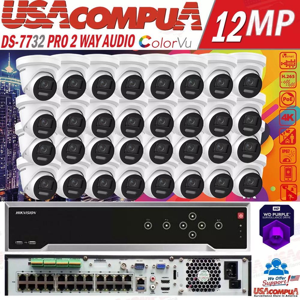 Hikvision 4K 32Ch 12Mp Cctv Ip Security Camera 24 Poe Turret Colorvu 2 Way Audi