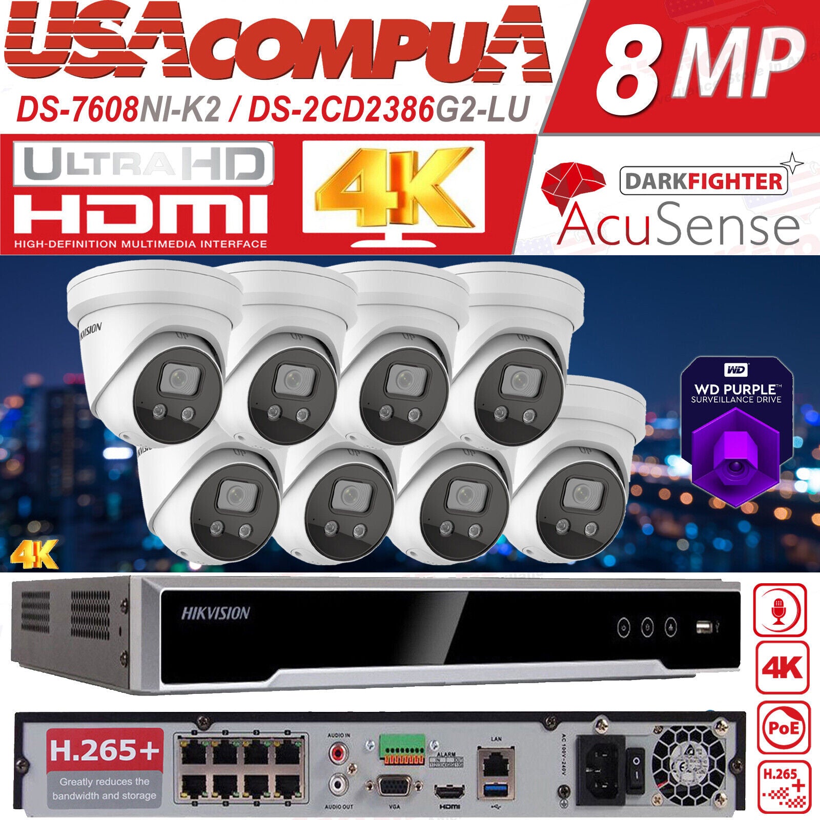 HIKVISION 4K SECURITY CCTV SYSTEM 8 CH CAMERAS MEGAPIXEL DARKFIGHTER 4TB