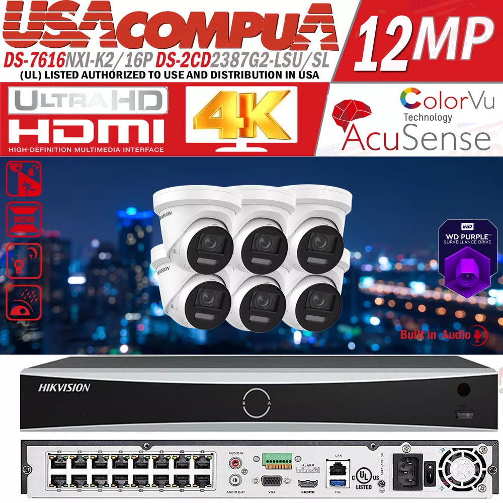 Hikvision 4K 16CH IP Security Camera System Kit 2-Way Audio ColorVu 8MP Lot D3
