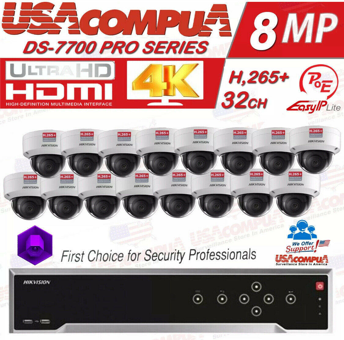 Hikvision 32Ch 8MP 16 Cameras KIT 4K 8MEGAPIXEL IP Camera H265+ 16TB WD PURPLE