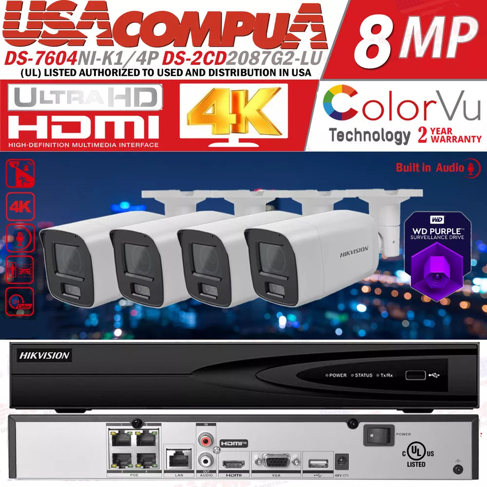 Hikvision 4CH 4PoE Mic ColorVu 8MP Security Camera System IP ACUSENSE Lo