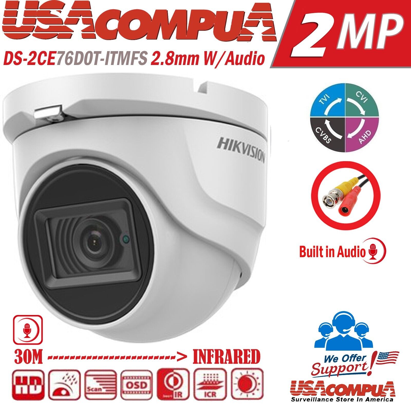 DS-2CE76D0T-ITMFS Hikvision 2MP Camera W/Audio HD TurboHD 2.8mm 1080P IR 25M