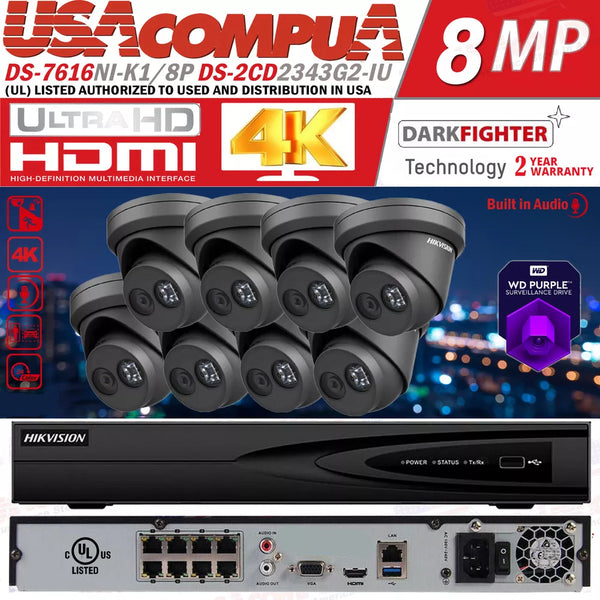 HIKVISION 4K 8MP DS-2CD2343G2-IU IP Camera System NVR 8CH DS-7608NI-K1/8P Lot