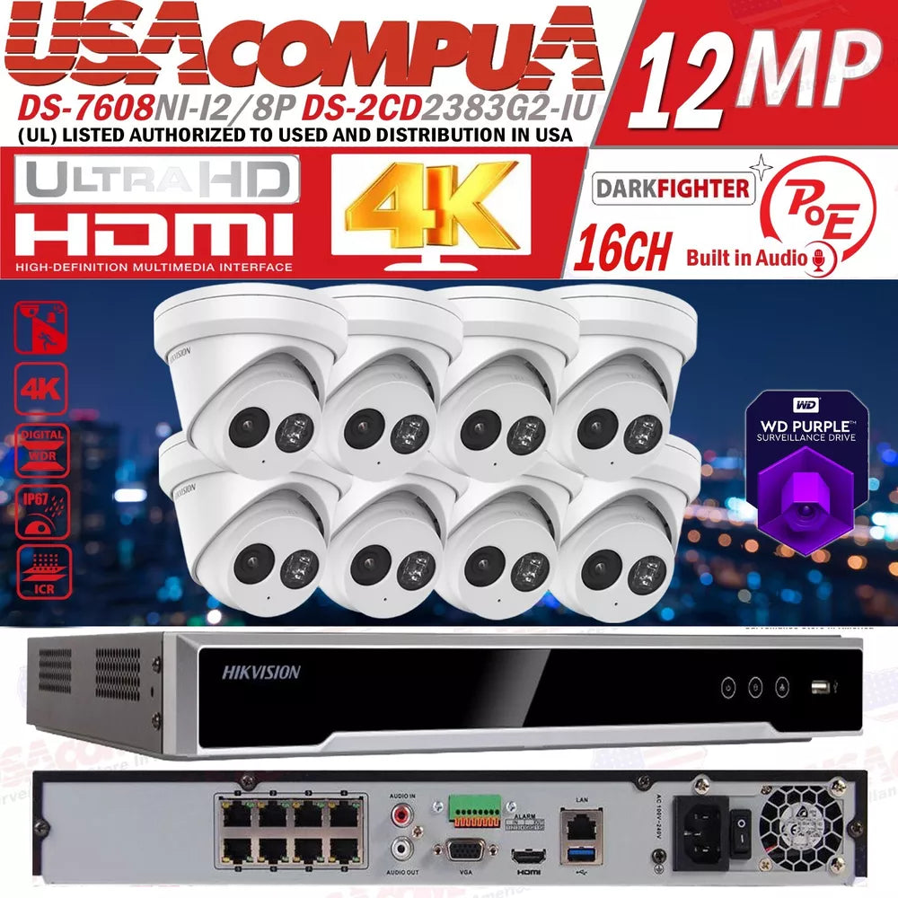 Hikvision 4K IP Camera System PoE DS-7608NI-I2/8P 8MP Kits DS-2CD2383G2-IU Lot