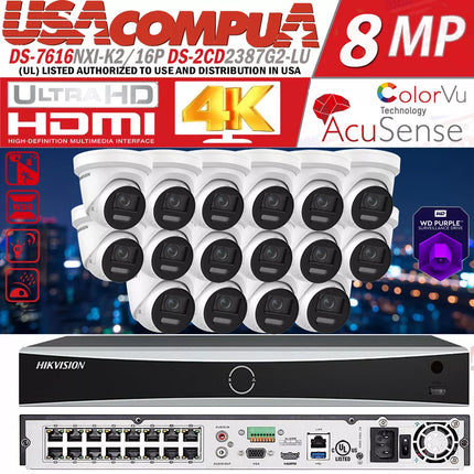 Hikvision 4K 16CH Security CCTV System Kit 8MP Built In Audio ColorVu IP Camera D1