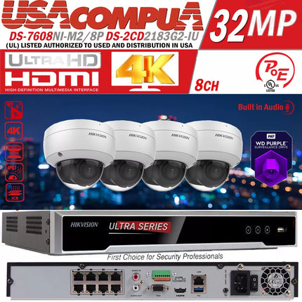 Hikvision 8CH 32MP Security ip Camera System W/ 8MP Dome DS-2CD2183G2-IU