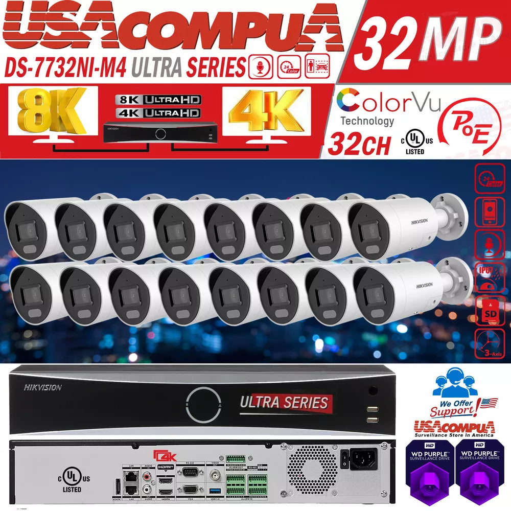 Hikvision 32CH NVR 8K 32MP 16POE Bullet 4MP Security Camera System W/Audio Lo