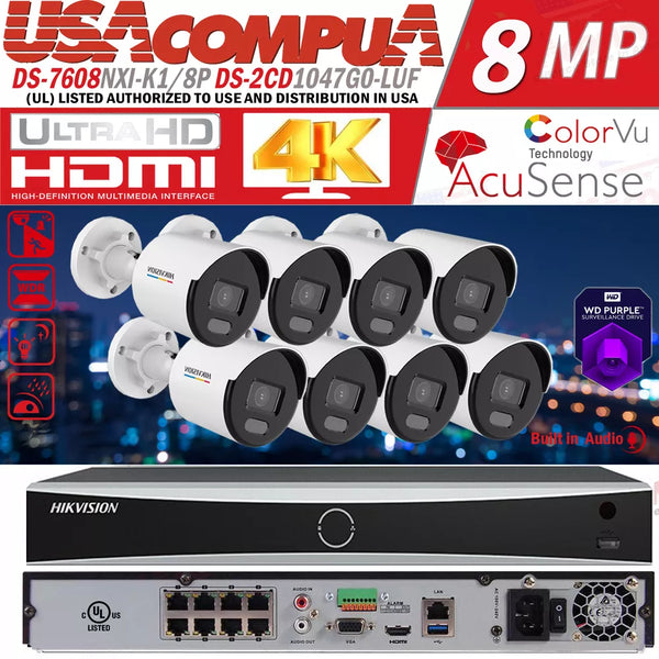 Hikvision 4K 8POE NVR 8CH IP Camera System DS-2CD1047G0-LUF 4MP ColorVu lot