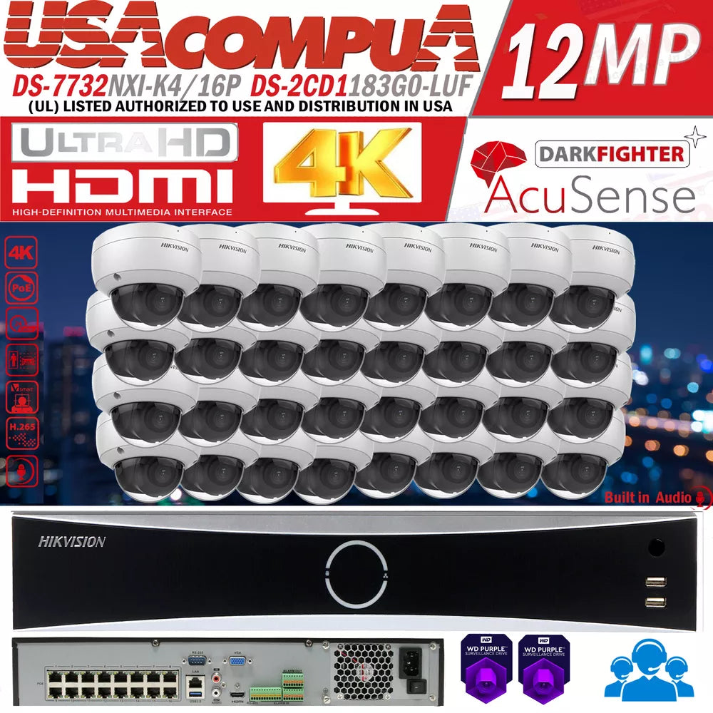 Hikvision 32CH NVR 4K 8MP 16POE Dome Security IP Camera System Vandal Audio Lo