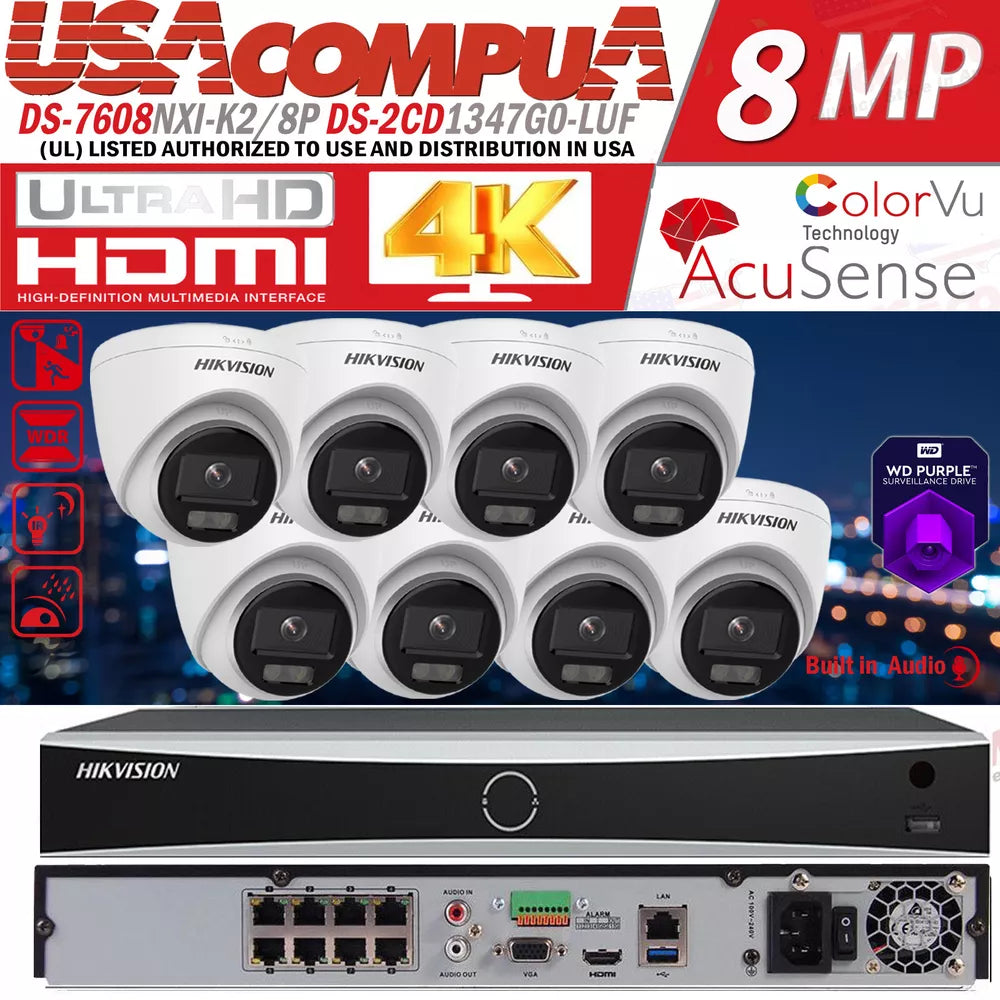 Hikvision 8CH 8POE IP Camera System 4K NVR DS-2CD1347G2-LUF 4MP 2.8m ColorVu Lo