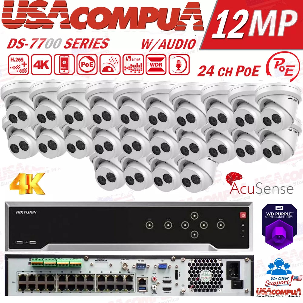 HIKVISION 32CH SECURITY CAMERA SYSTEM 12MP 24 POE TURRET ACUSENSE 4K 8MP W/HDD