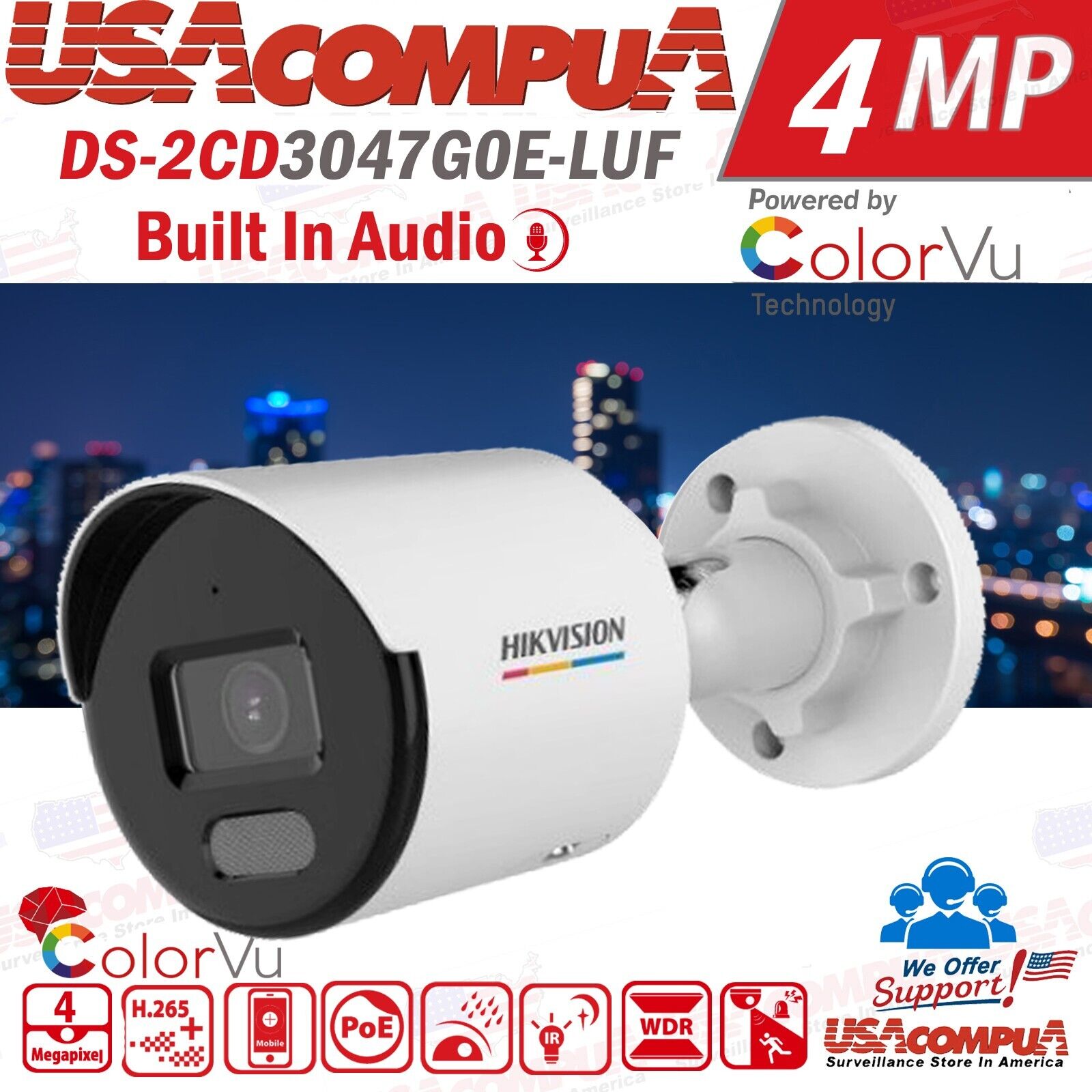 Hikvision 4MP DS-2CD3047GOE-LUF IP PoE Camera w/ Audio ColorVu Ultra Series
