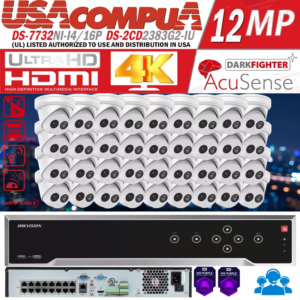 US Hikvision 32CH Outdoor Security IP Camera System 4K 16POE DS-2CD2383G2-IU Lo