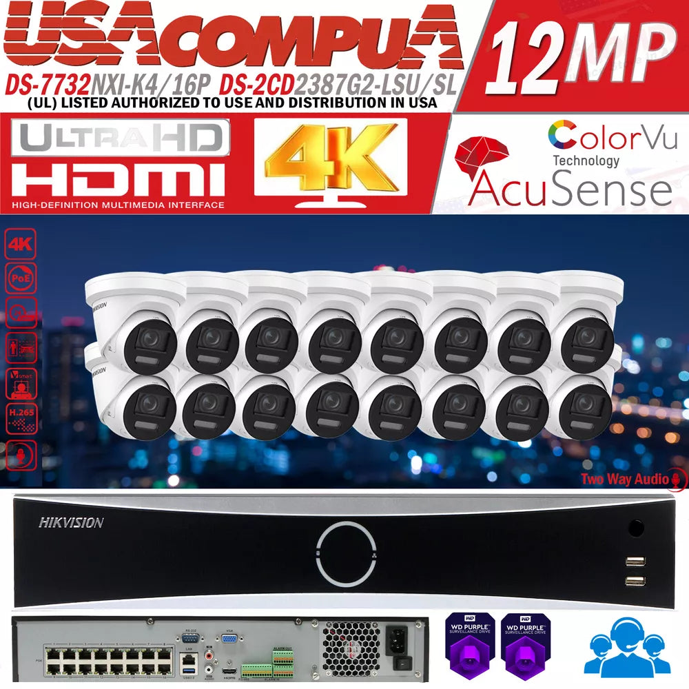 Hikvision 32Ch 16Poe Nvr 8Mp Ds-2Cd2387G2-Lsu/Sl Ip Camera System Colorvu Lot