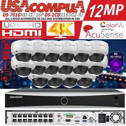 Hikvision 12MP 16CH DS-7616NXI-I2/16P 8MP DS-2CD2183G2-I IP camera system Lot