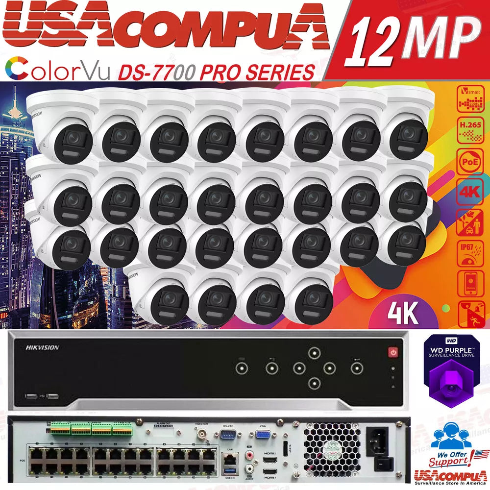 Hikvision 4K 32Ch 12Mp Cctv Ip Security Camera 24 Poe Turret Colorvu 2 Way Audi