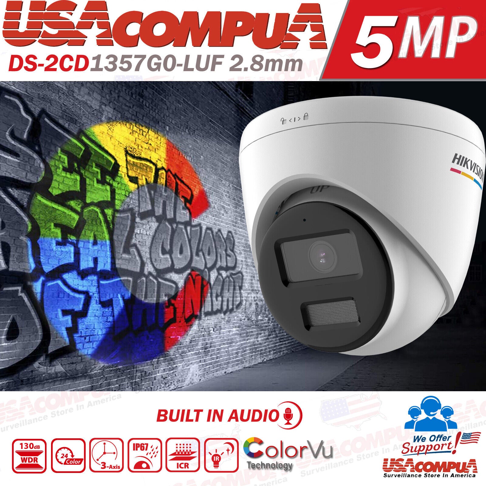 Hikvision DS-2CD1357G0-LUF 5MP ColorVu Turret Camera with 24/7 Color Imaging