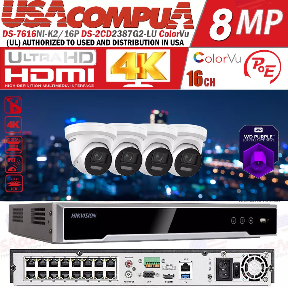 Hikvision AcuSense 8MP ColorVu Fixed Turret IP Camera Two Way Audio 16CH POE Lo