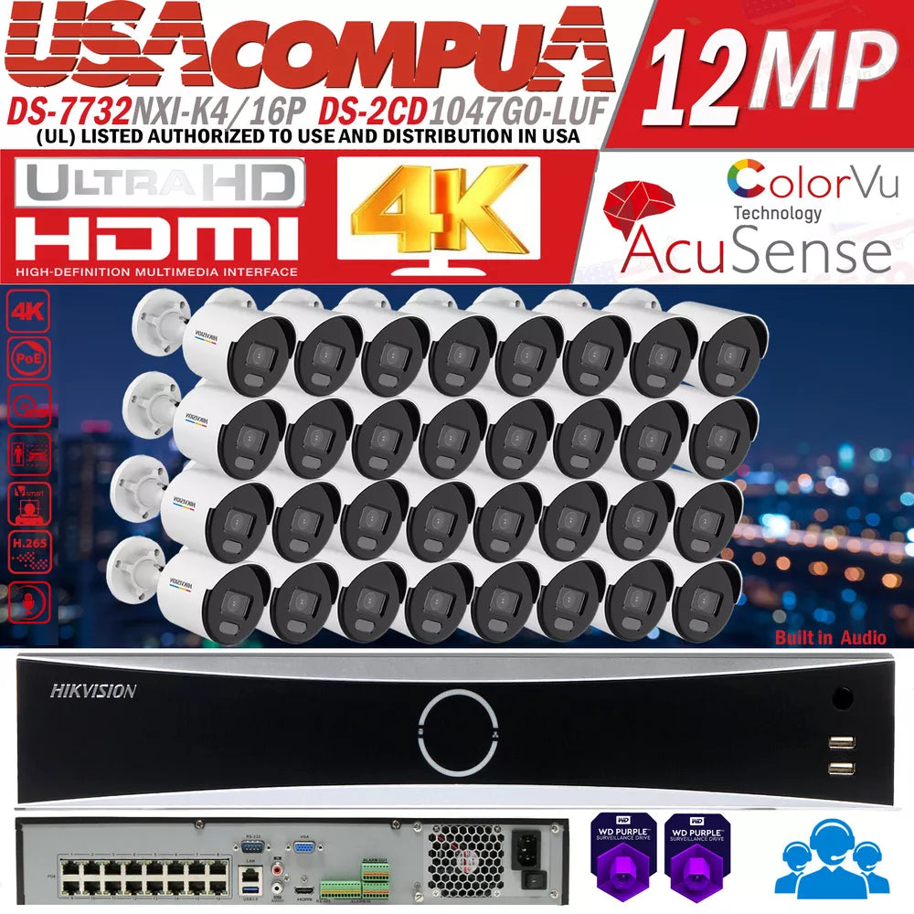 Hikvision 32CH 16POE NVR 4K Security IP Camera System 4MP Bullet Colorvu Lot