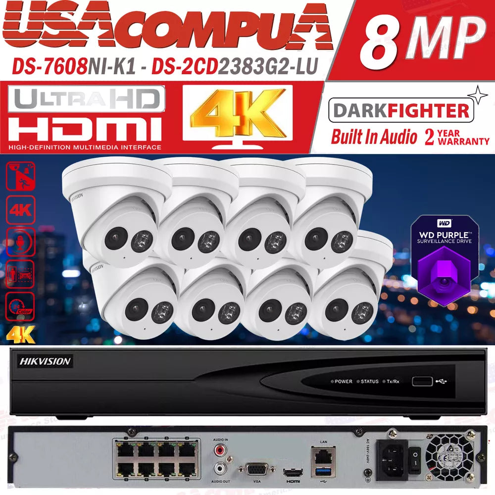 HIKVISION 4K 8MP DS-2CD2343G2-IU IP Camera System NVR 8CH DS-7608NI-K1/8P Lot D1