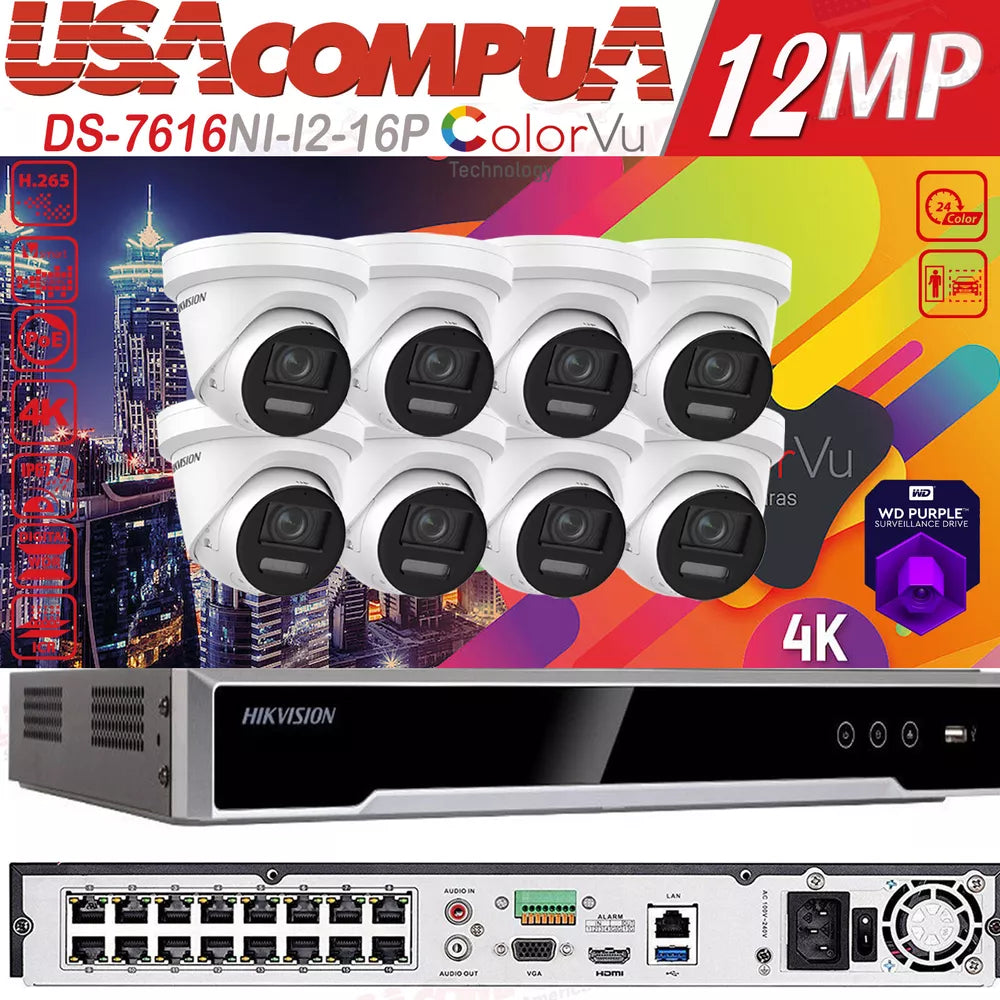 Hikvision 4K 16CH 12MP CCTV Security Camera System ColorVu W/Audio 2 Way Audio