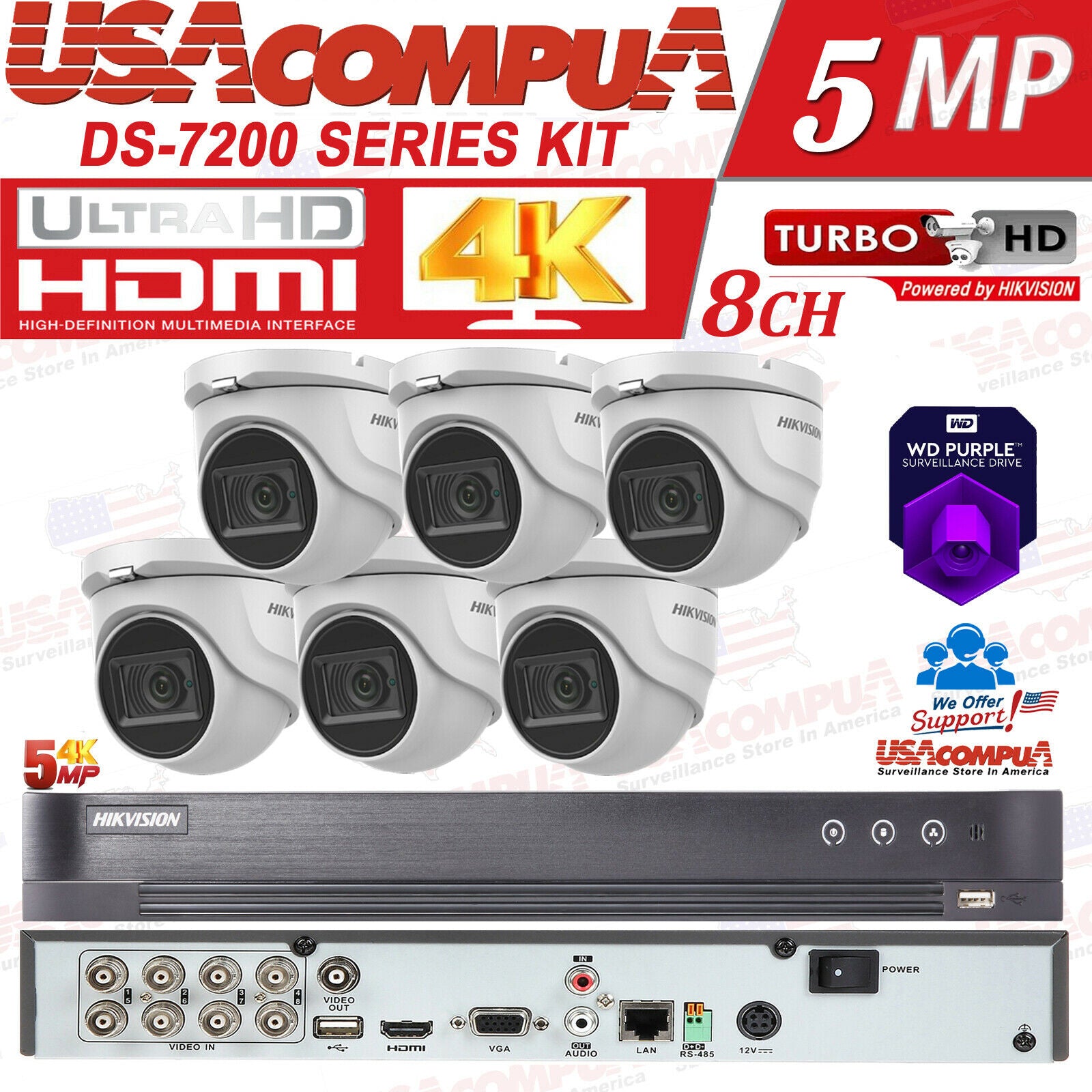 Hikvision TurboHD Professional Security System 8-Channel DVR /6 5MP Cameras /2TB