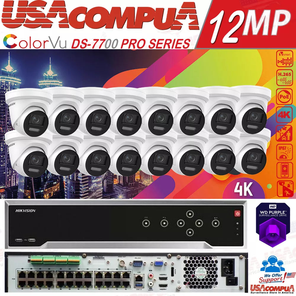 HIKVISION 4K 32CH 12MP CCTV IP SECURITY CAMERA 24 PoE TURRET COLORVU 2 WAY AUDIO D1