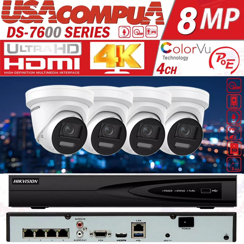 Hikvision 4CH 8MP IP CCTV Camera System PoE NVR 4K PColorVu 2 Way Audio