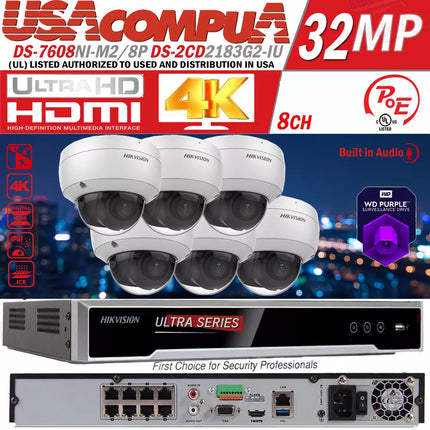 Hikvision 8CH 32MP Security ip Camera System W/ 8MP Dome DS-2CD2183G2-IU