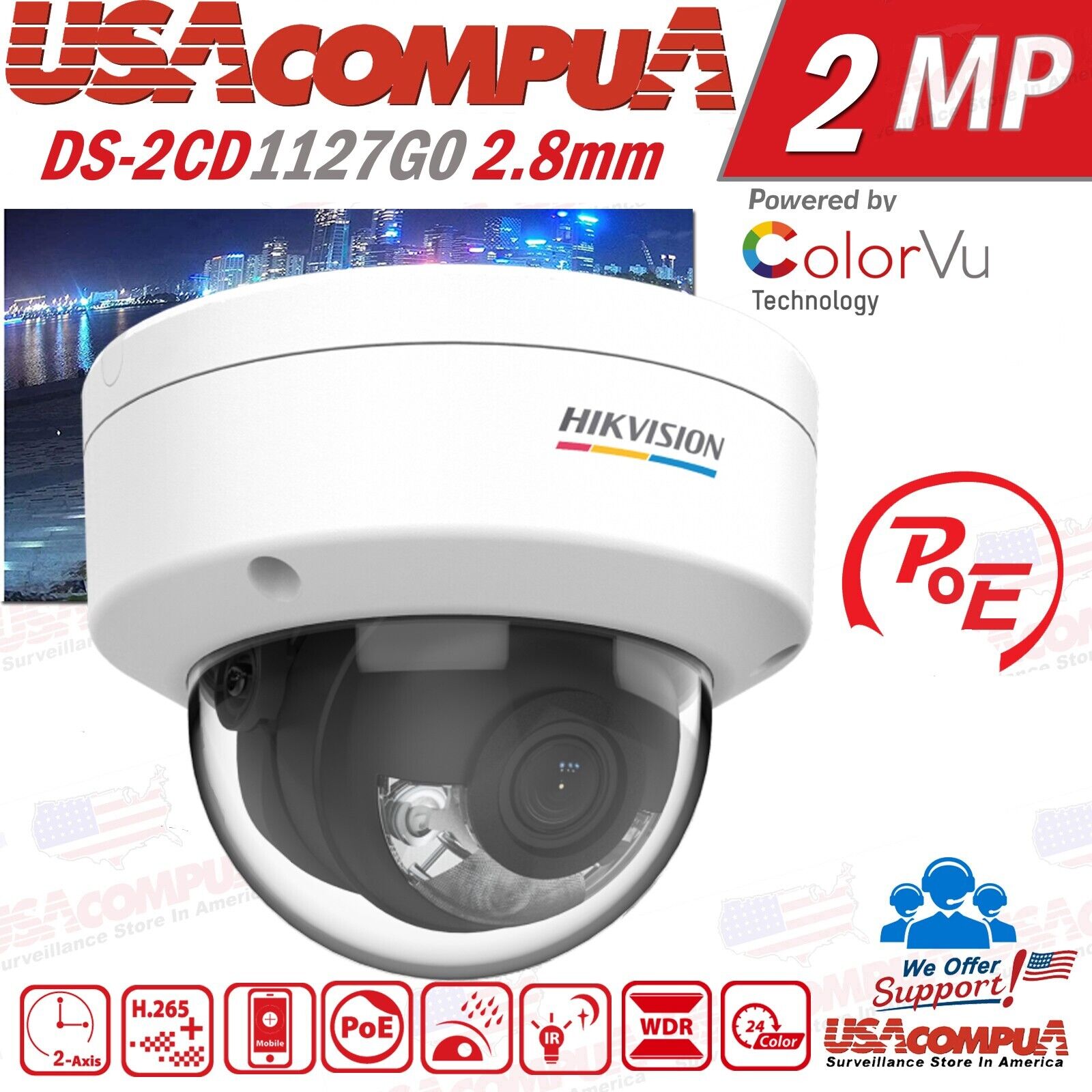 Hikvision ColorVu 2MP POE DS-2CD1127G0-L IP Camera 1080P Network 2.8mm