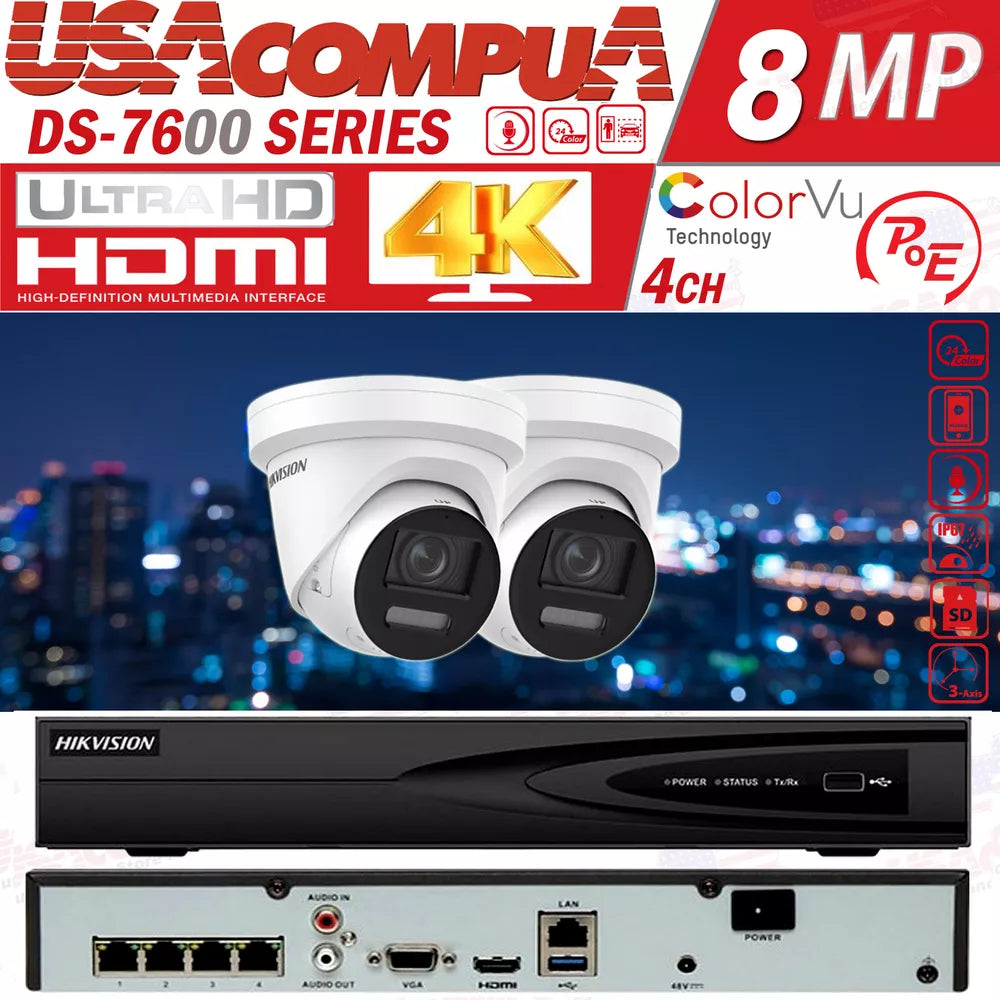 Hikvision 4CH 8MP IP CCTV Camera System PoE NVR 4K PColorVu 2 Way Audio