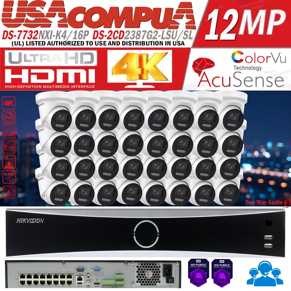 Hikvision 32CH 16POE NVR 8MP DS-2CD2387G2-LSU/SL IP Camera System ColorVu Lot D2