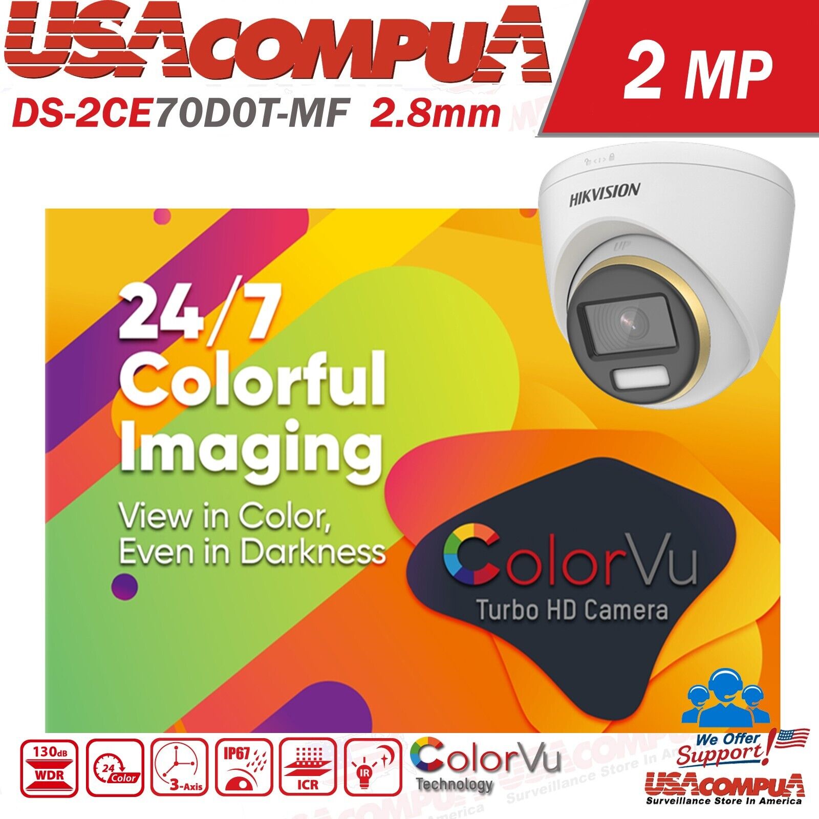 Hikvision DS-2CE70DF0T-MF 2 MP ColorVu Fixed Turret Camera