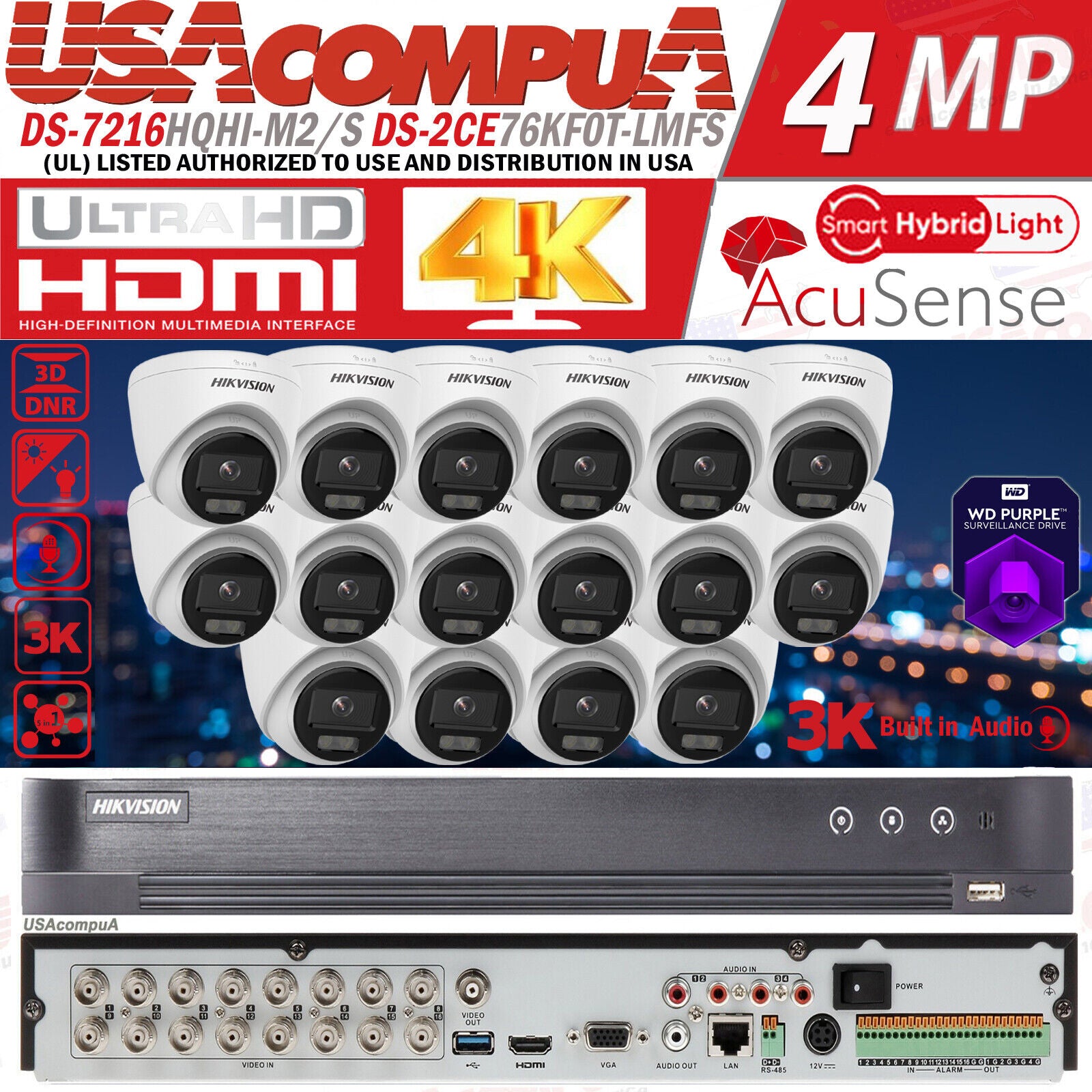 Hikvision 4K 16ch CCTV Security System 3k/5MP ColorVu Audio Turret w/ 24/7