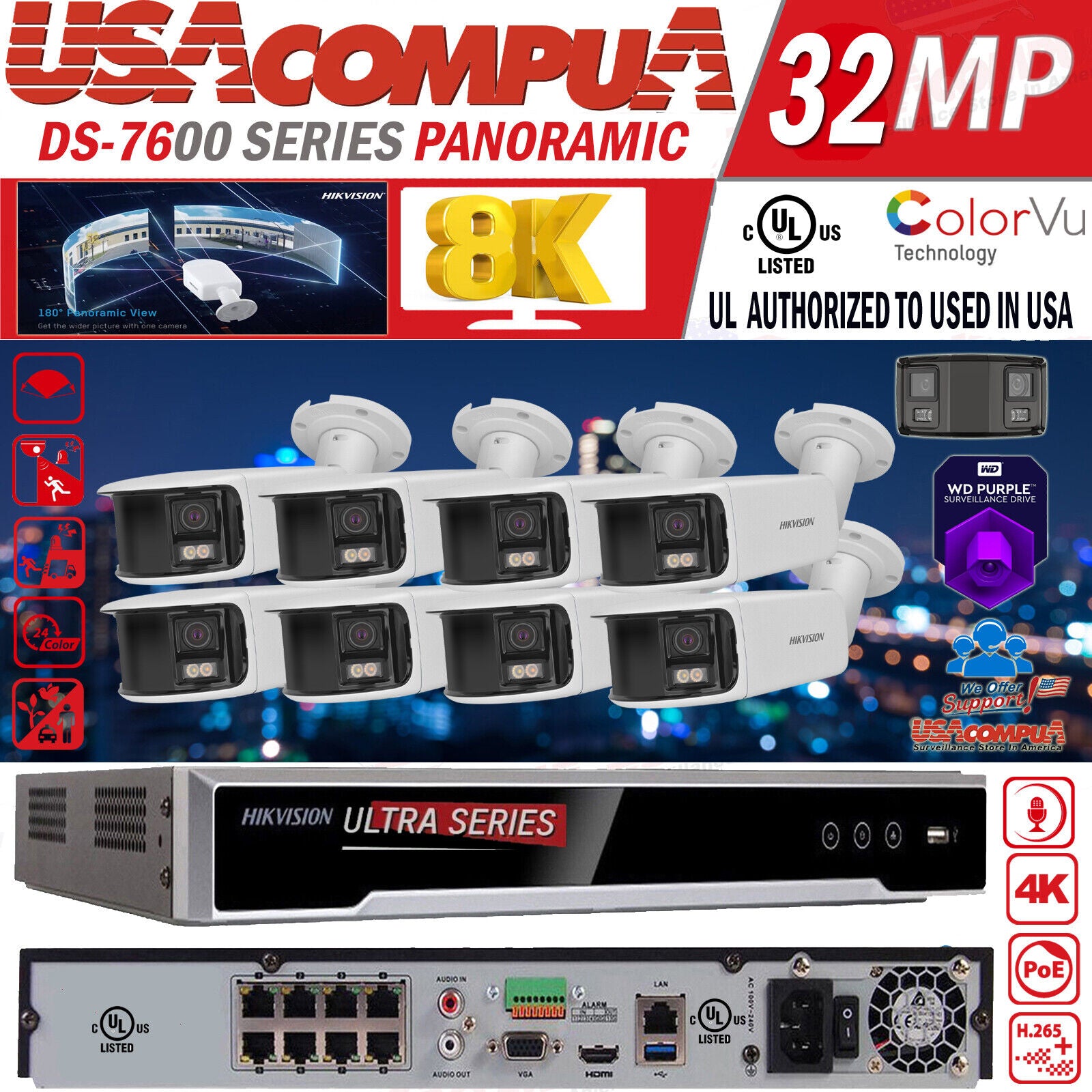 Hikvision 8K 8ch IP PoE Security System 8 MP Panoramic ColorVu Bullet