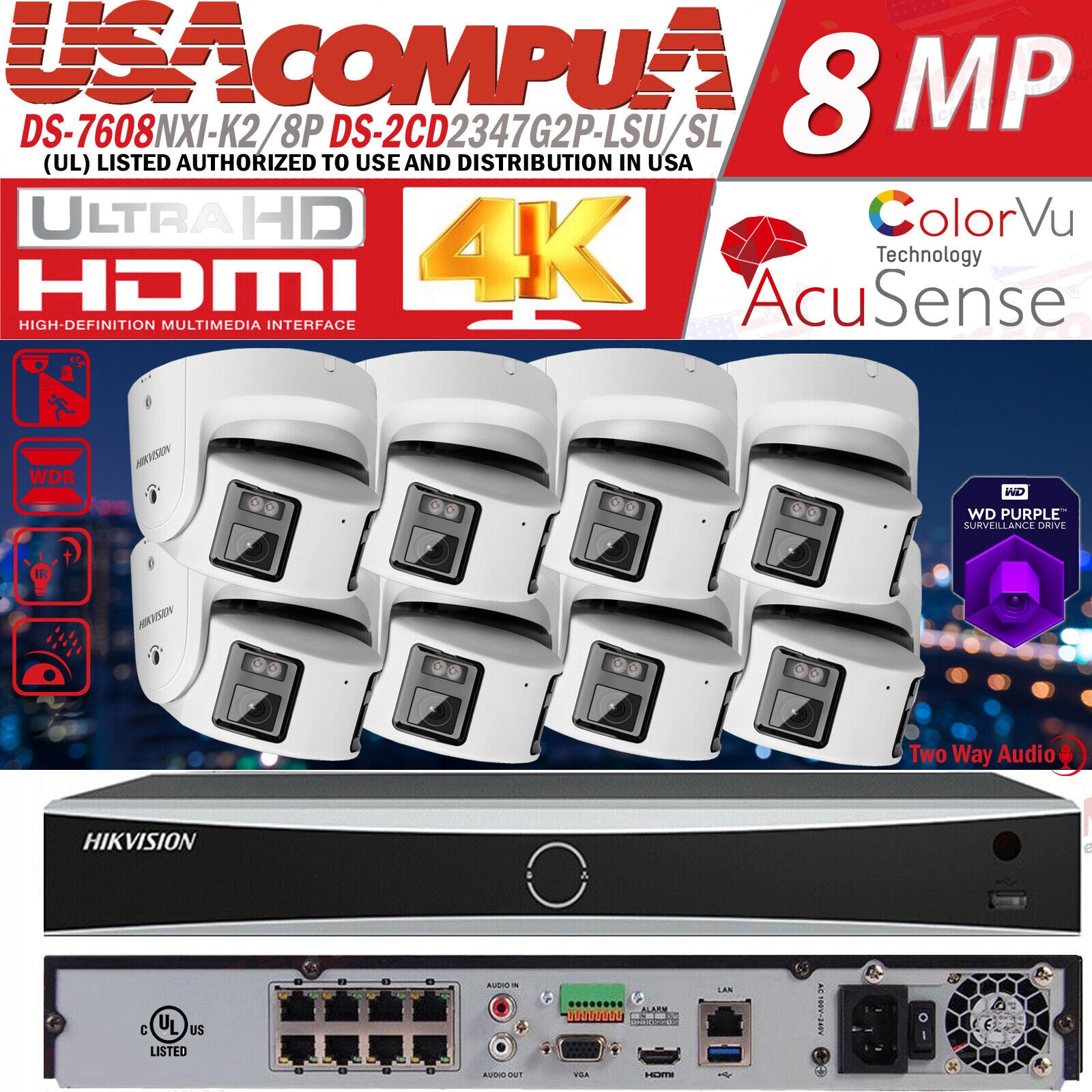 Hikvision 4K 8ch IP PoE Security System 8 MP Panoramic ColorVu Bullet